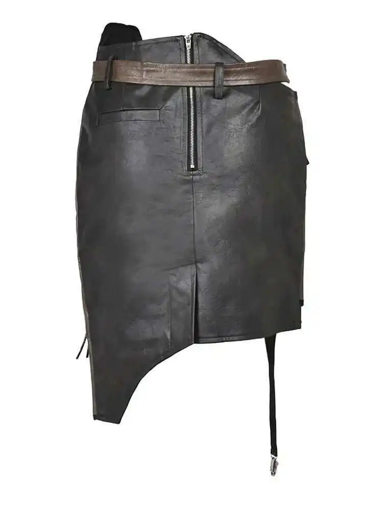 High Waist Belted Brown  Irregular Pu Leather String Half-body Skirt Women Fashion Tide New Spring Autumn 2025 1DE422916