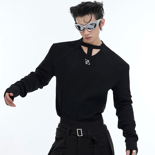 Load image into Gallery viewer, Round Collar Male T-shirt Personalized Hollow Out Shoulder Design Solid Color Slim Men&#39;s Long Sleeve Tops Spring 9C4770
