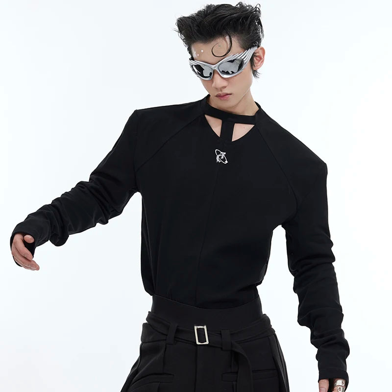 Round Collar Male T-shirt Personalized Hollow Out Shoulder Design Solid Color Slim Men's Long Sleeve Tops Spring 9C4770