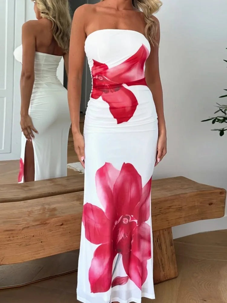 Off-shoulder Print Sexy Maxi Dress Women Gown Summer New Strapless Sleeveless Backless Bodycon Long Dress Elegant