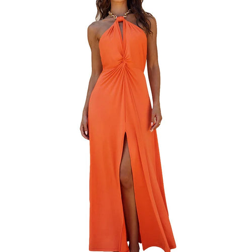 Load image into Gallery viewer, Metal Chain Halter Backless Sexy Maxi Dress Women Orange Off-shoulder Sleeveless Thigh High Split Club Long Dress
