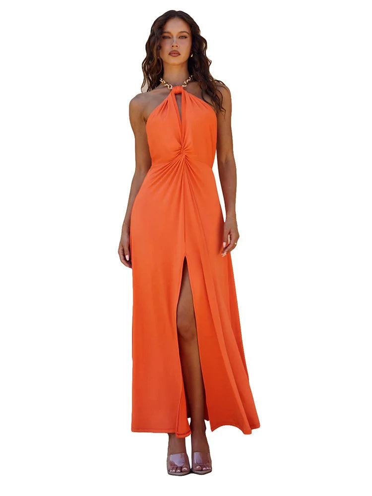 Metal Chain Halter Backless Sexy Maxi Dress Women Orange Off-shoulder Sleeveless Thigh High Split Club Long Dress