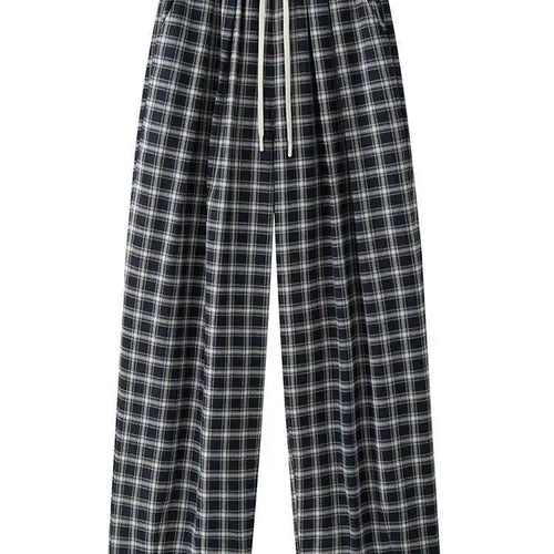 Load image into Gallery viewer, High Elastic Waist Blue Plaid Drawstring Long Wide Leg Pants New Trousers Women Fashion Tide Spring Autumn 2025 1DH9462
