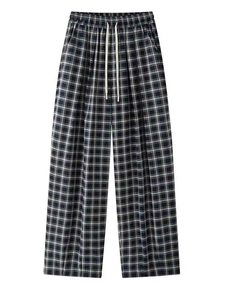 High Elastic Waist Blue Plaid Drawstring Long Wide Leg Pants New Trousers Women Fashion Tide Spring Autumn 2025 1DH9462