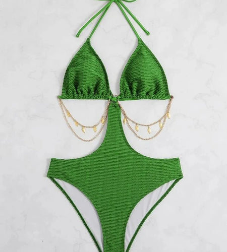 Fashion Metal Chain One Piece Swimsuit 2025 Hollow Out Swimwear for Women Sexy Bathing Suit Backless Monokini