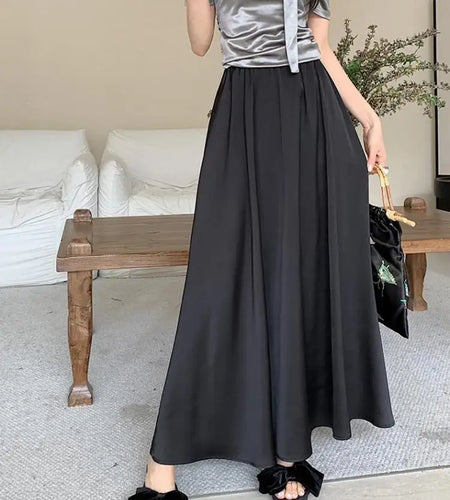 Spring Summer Women Black Beige Pleated Long Skirts Vintage Brown Elastic High Waist Vacation A-line Skirt Simplicity Streetwear