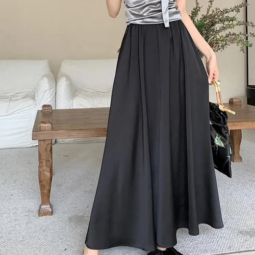 Load image into Gallery viewer, Spring Summer Women Black Beige Pleated Long Skirts Vintage Brown Elastic High Waist Vacation A-line Skirt Simplicity Streetwear
