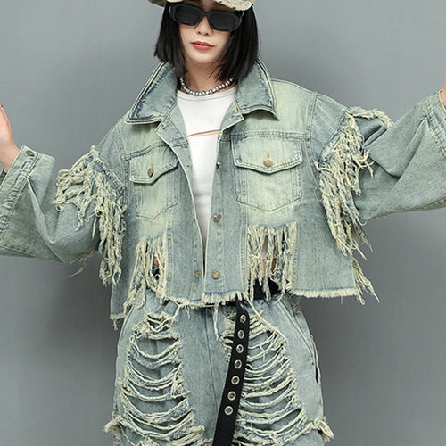 Load image into Gallery viewer, Blue Denim Holes Tassels Big Size Casual Jacket New Lapel Long Sleeve Women Coat Fashion Tide Spring Autumn 2025 1DH9908
