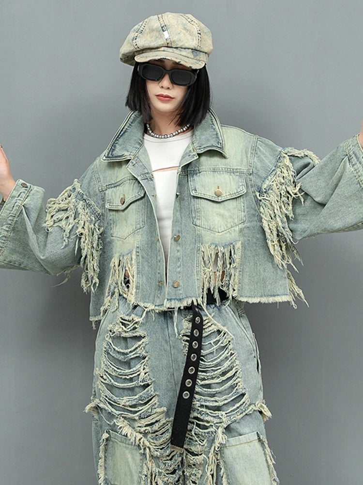 Blue Denim Holes Tassels Big Size Casual Jacket New Lapel Long Sleeve Women Coat Fashion Tide Spring Autumn 2025 1DH9908