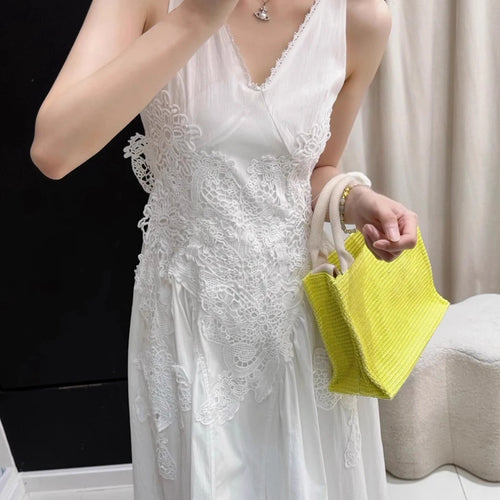 Load image into Gallery viewer, Solid Spliced Appliques Elegant Dresses for Women V Neck Sleeveless Patchwork Folds Long Dress Female Clothing New
