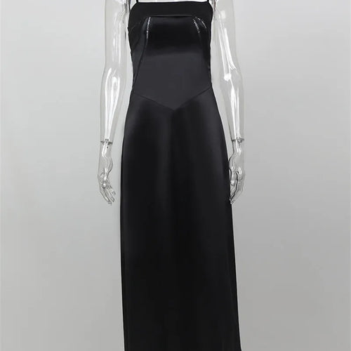 Load image into Gallery viewer, Lace-up Satin Maxi Slipdress Women Black Spaghetti Strap Sleeveless Backless Maxi Dress Femme Club Party Evening Dress
