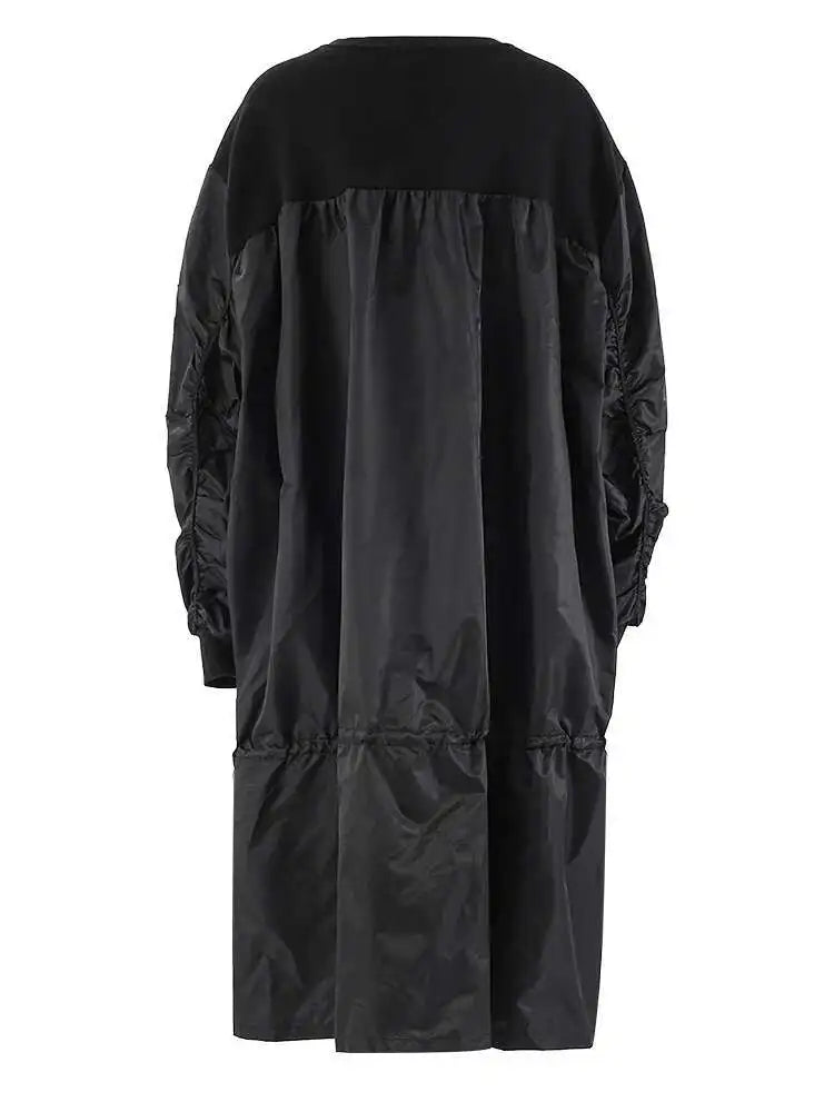 Women Army Green Color-block Big Size Midi Dress New Round Neck Long Sleeve Fashion Tide Spring Autumn 2025 CPG2092