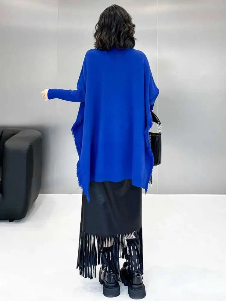 Blue Big Size Slit Burr Knitting Sweater Turtleneck Long Sleeve Women Pullovers New Fashion Spring Autumn 2025 1DH8060