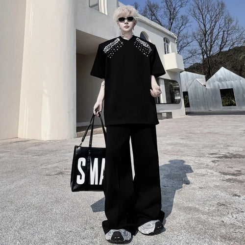 Load image into Gallery viewer, Men's Pants Set New Summer Handmade Nail Diamond Style Short Sleeve T-shirt Wide Leg Casual Pants Menwear Male Suit 9W1503
