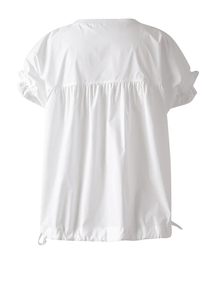 Women White Ruffles Bandage Big Size Blouse New Round Neck Short Sleeve Shirt Fashion Tide Spring Summer 2025 CPG3168