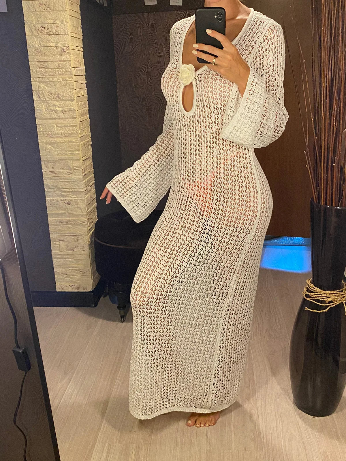 3D Flower V Neck Long Sleeve Crochet Knitted Tunic Beach Cover Up Cover-ups Beach Dress Beach Wear Beachwear Female Women V5852