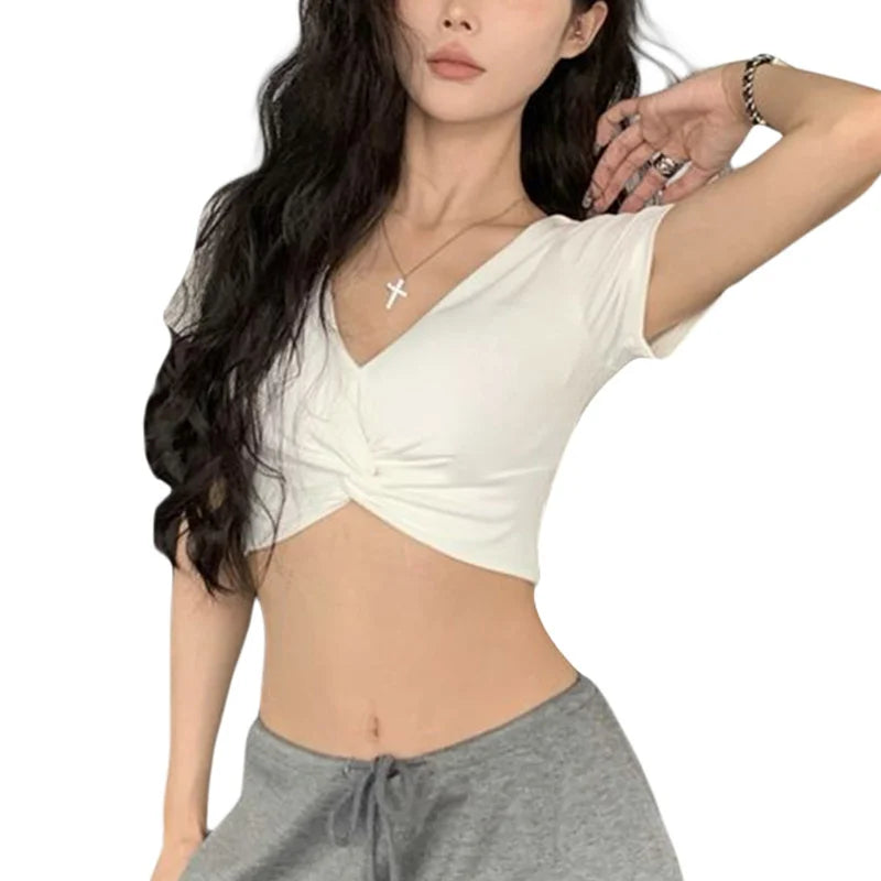y2k Tops Summer Women Vest Solid Color Slim Fit V Neck Short Seeve Twist Front T Shirts 2000s Clothing Streetwear