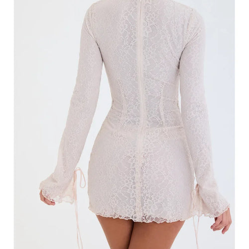 Load image into Gallery viewer, Fashion Lace Patchwork Double Layered Women Tight Wrap Hip Skirt Long Sleeved Elegant Dress Zipper Party Club Vestidos
