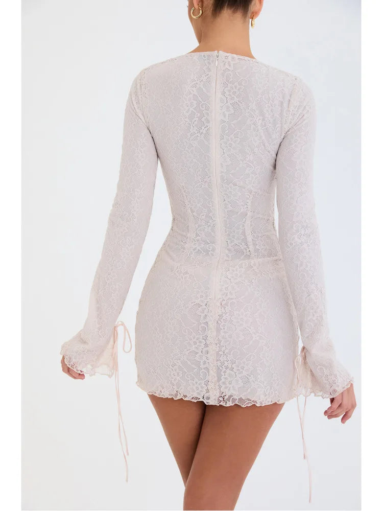 Fashion Lace Patchwork Double Layered Women Tight Wrap Hip Skirt Long Sleeved Elegant Dress Zipper Party Club Vestidos