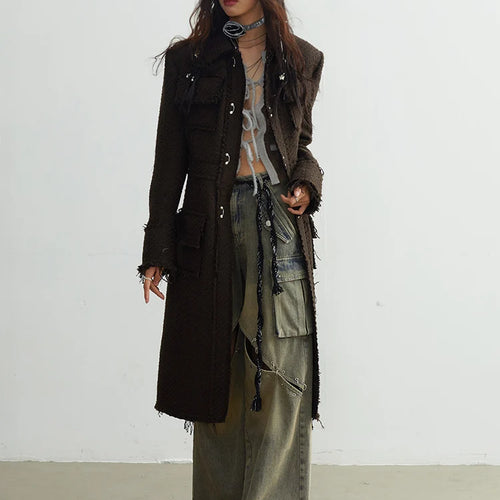 Load image into Gallery viewer, Coffee Pocket Tassels Long Elegant Woolen Coat New Lapel Long Sleeve Women Jacket Fashion Tide Autumn Winter 20251DH7222
