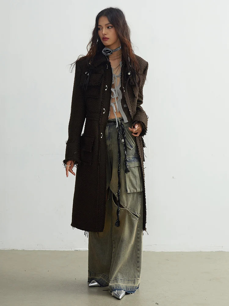 Coffee Pocket Tassels Long Elegant Woolen Coat New Lapel Long Sleeve Women Jacket Fashion Tide Autumn Winter 20251DH7222