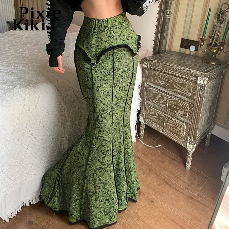 Green Fairy Grunge Long Skirts for Women Bottoms Y2k Clothes Vintage Printed Lace Trim Mermaid Maxi Skirt P84-DB28