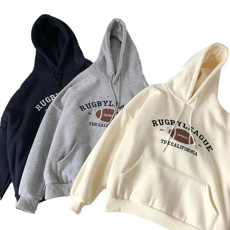 Rugby Fleece Women Hoodie Beige Gray Blue Loose Casual Korean Style Sweatshirt Hooded Pull