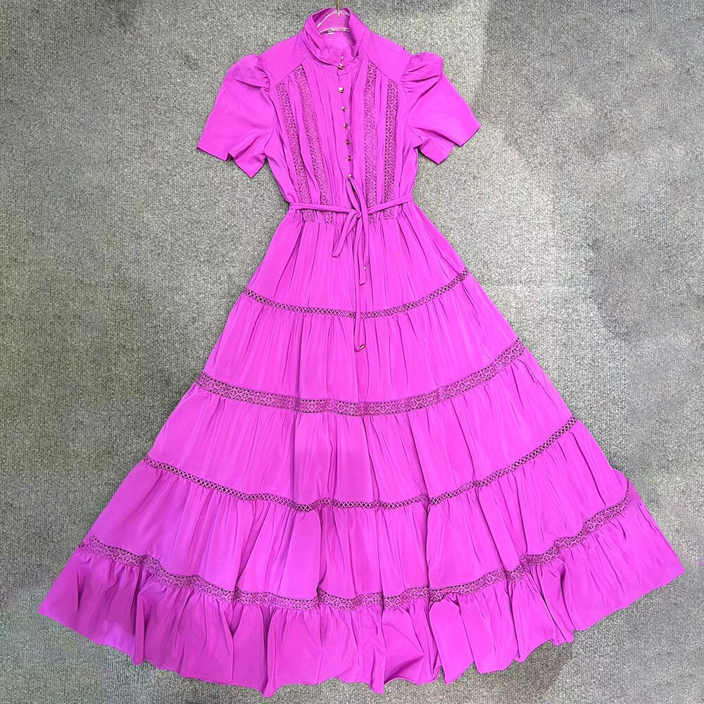 Casual A Line Dress For Women Stand Collar Short Sleeve Spliced Lace Up Solid Long Dress Female Summer Clothes