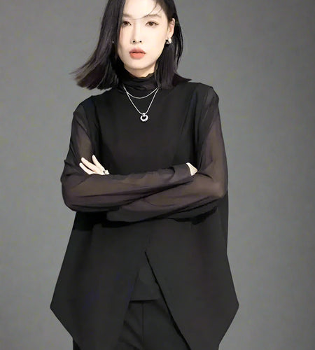 Women Black Mesh Perspective Irregular Thin T-shirt New Turtleneck Long Sleeve Fashion Tide Spring Autumn 2025 1DH7665