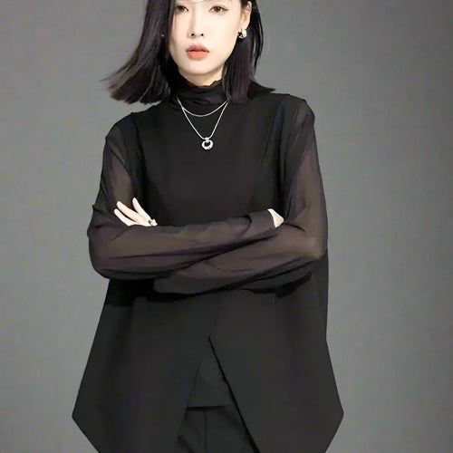 Load image into Gallery viewer, Women Black Mesh Perspective Irregular Thin T-shirt New Turtleneck Long Sleeve Fashion Tide Spring Autumn 2025 1DH7665
