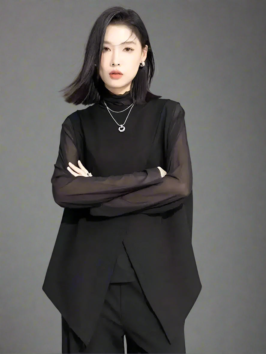 Women Black Mesh Perspective Irregular Thin T-shirt New Turtleneck Long Sleeve Fashion Tide Spring Autumn 2025 1DH7665