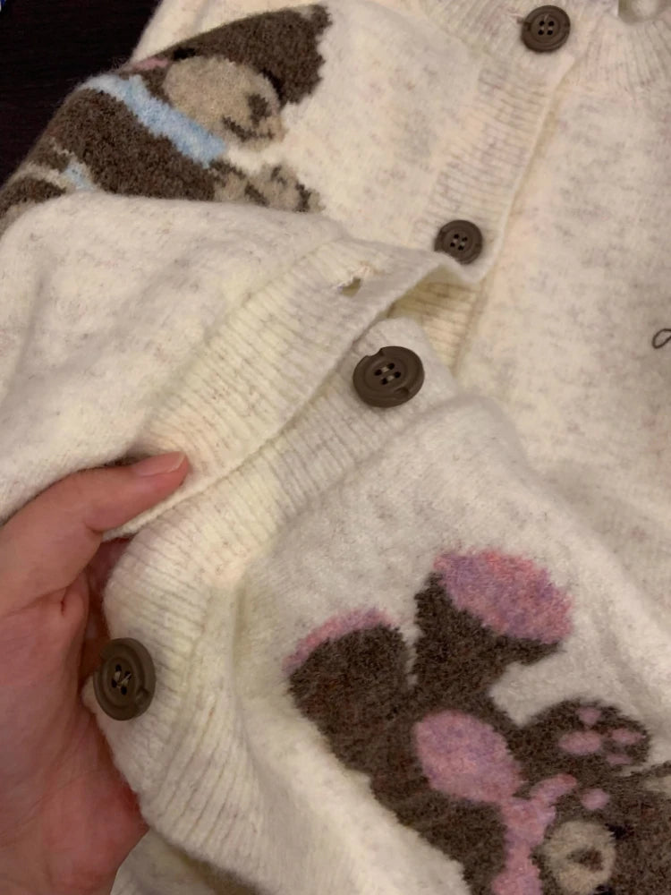 Preppy Style Kawaii Cute Casual Cardigans Y2k Aesthetic Women Knitted Cartoon Jacquard Tops Harajuku Single Breasted Loose Coats