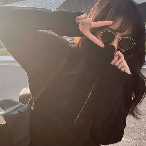 Load image into Gallery viewer, Y2k Aesthetic Harajuku Cardigan Mujer Kardigan Turtleneck Streetwear Grey Crop Tops Zipper 2025 Autumn All Match Solid  Sweater
