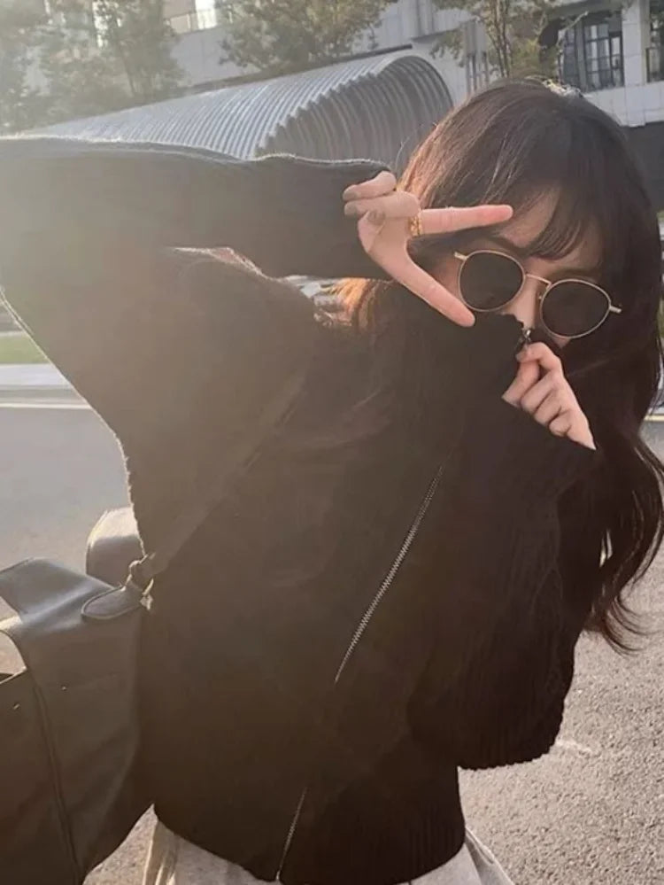 Y2k Aesthetic Harajuku Cardigan Mujer Kardigan Turtleneck Streetwear Grey Crop Tops Zipper 2025 Autumn All Match Solid  Sweater