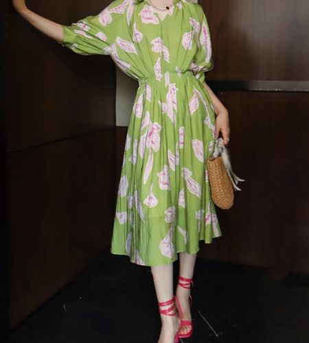 Hit Color Loose Printing Casual Long Dresses for Women V Neck Half Sleeves Tunic Fashion Dress Female Clothing New