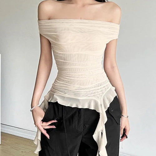 Load image into Gallery viewer, Summer Sexy Y2k Aesthetic Vintage Gauze T-Shirts Streetwear Slash Neck Slim Tshirts Harajuku Summer Irregular Ruffled Crop Tops
