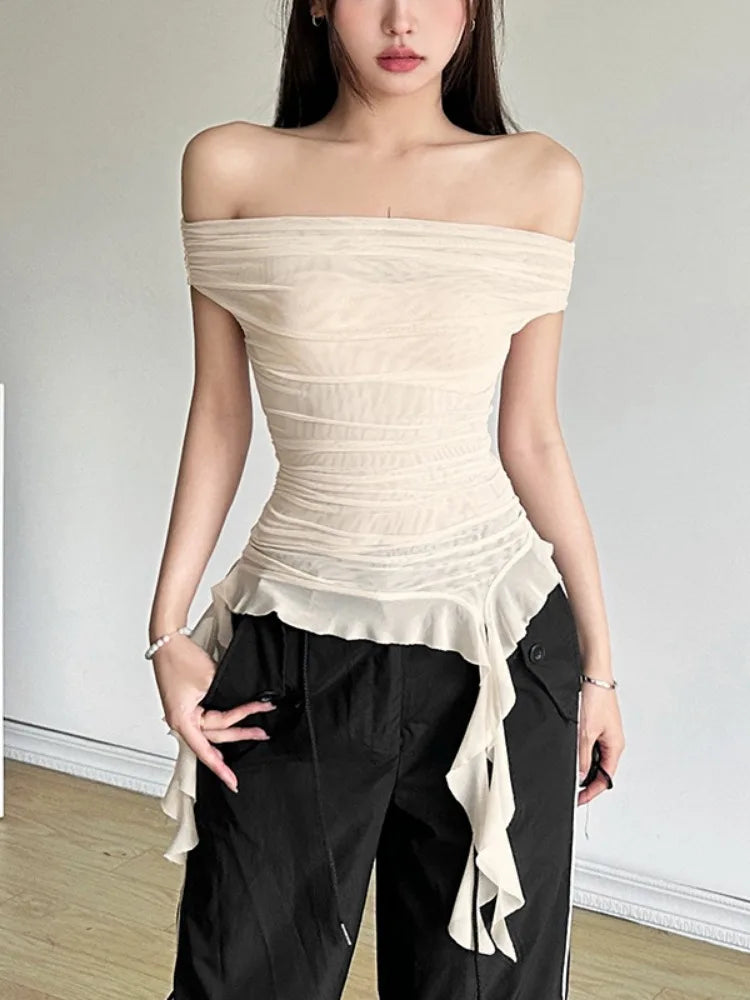 Summer Sexy Y2k Aesthetic Vintage Gauze T-Shirts Streetwear Slash Neck Slim Tshirts Harajuku Summer Irregular Ruffled Crop Tops