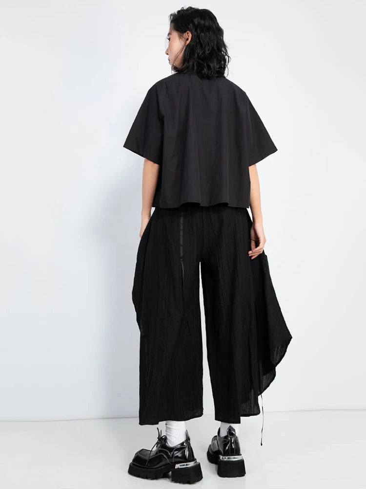 High Elastic Waist Black Pleated Pocket Irregular Wide Leg Pants New Trousers Women Fashion Spring Autumn 2025 1DJ1013