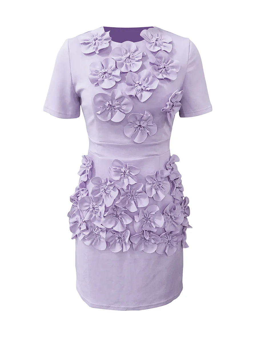 Solid Spliced Appliques Slimming Dresses For Women O Neck Short Sleeve High Waist Temperament Dress Female Fashion