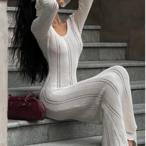 Load image into Gallery viewer, Elegant Knitted Sweater Long Sleeved V-neck Dress Women Slim Hollow Out Female Vesidos Party Club Evening Dress Vacation

