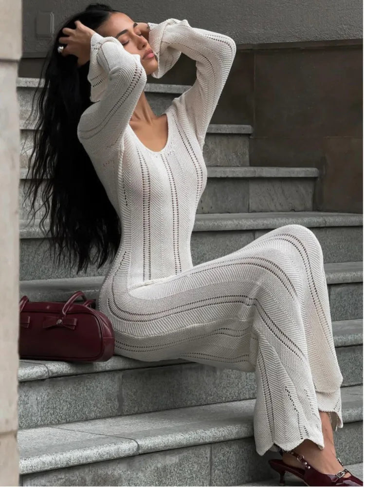 Elegant Knitted Sweater Long Sleeved V-neck Dress Women Slim Hollow Out Female Vesidos Party Club Evening Dress Vacation