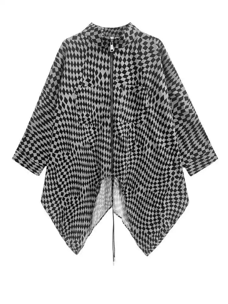 Khaki Plaid Irregular Back Drawstring Big Size Jacket New Stand Collar Women Coat Fashion Tide Spring Autumn 2025 1DF2764