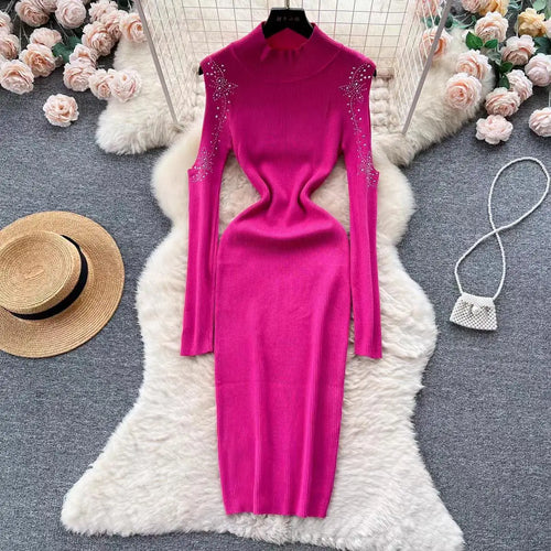 Load image into Gallery viewer, Autumn Elegant Half High Neck Long Sleeves Hollow Out Diamonds Hip Wrap Dress 2023 Fashion Slim Knitted Midi Dress French Simple
