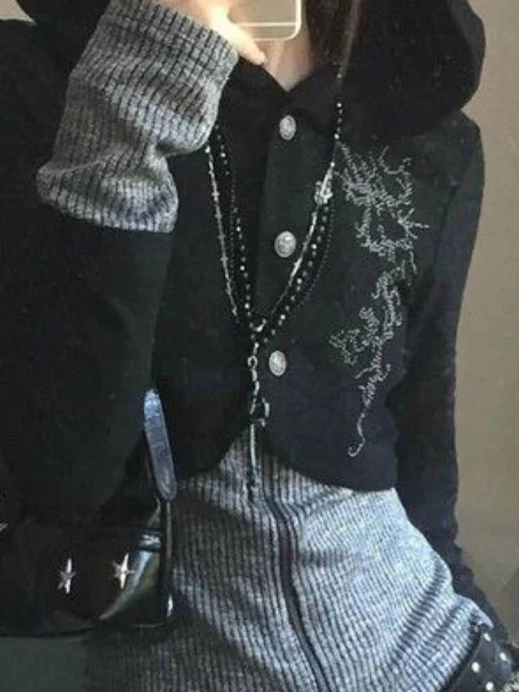 Y2k Aesthetic Fake Two Pieces Zipper Jackets Streetwear Casual Hooded Print Tops Vintage Patchwork Bodycon Coats Women Harajuku