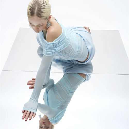 Load image into Gallery viewer, Hollow Out Off-shoulder Sexy Mini Dress Women Fashion Patchwork Strapless Long Sleeve Backless Ruched Club Dress
