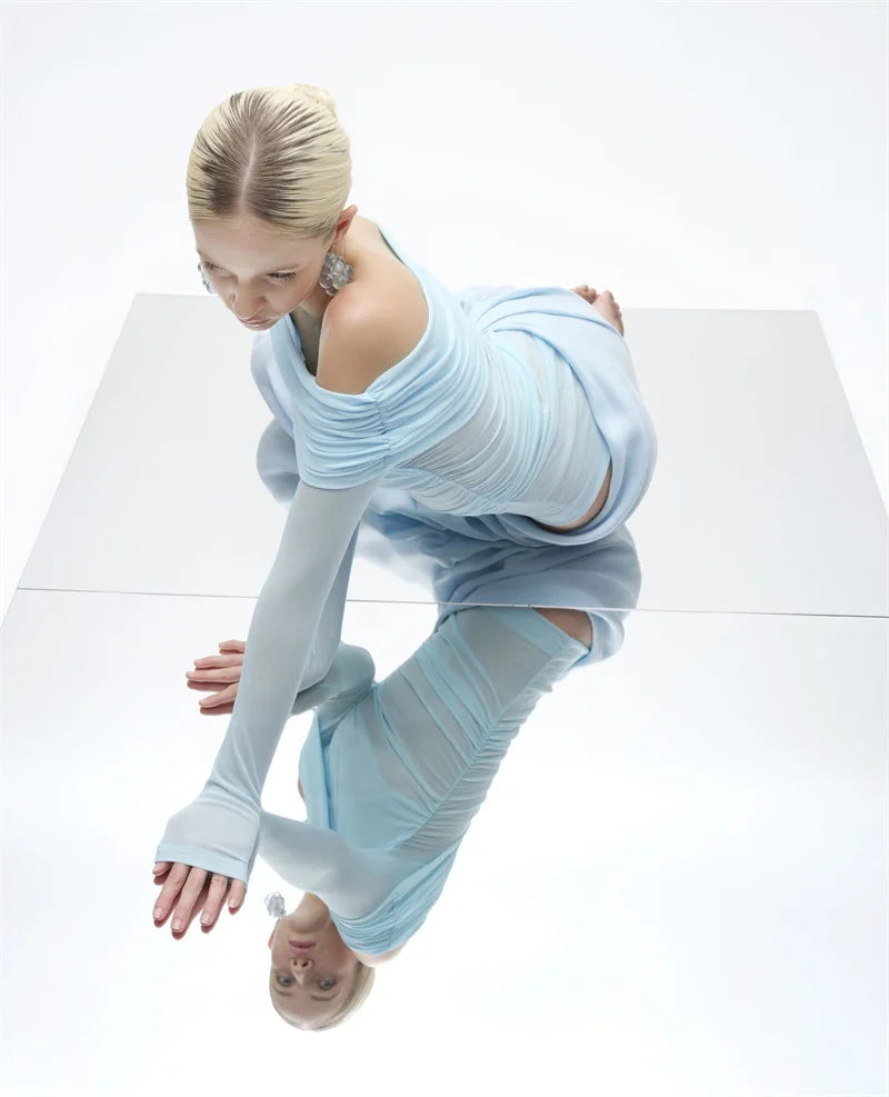 Hollow Out Off-shoulder Sexy Mini Dress Women Fashion Patchwork Strapless Long Sleeve Backless Ruched Club Dress