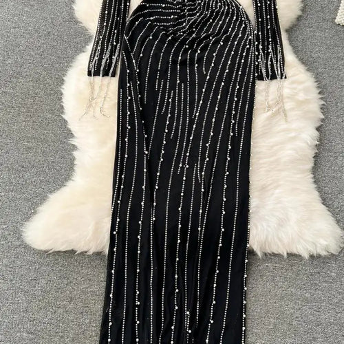 Load image into Gallery viewer, Women Black Mesh Tassel Long Sleeve Diamonds Bodycon Long Dresses Autumn Vintage Elegant Birthday Party Evening Dress French New
