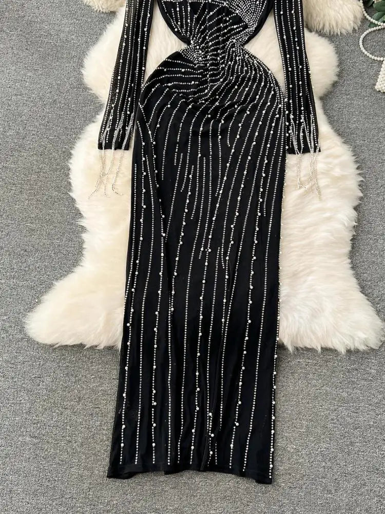 Women Black Mesh Tassel Long Sleeve Diamonds Bodycon Long Dresses Autumn Vintage Elegant Birthday Party Evening Dress French New