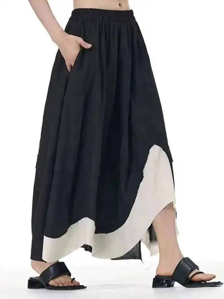 High Elastic Waist Apricot Color-block Irregular Hem A-line Skirt Women Fashion Tide New Spring Autumn 2025 1DH9961