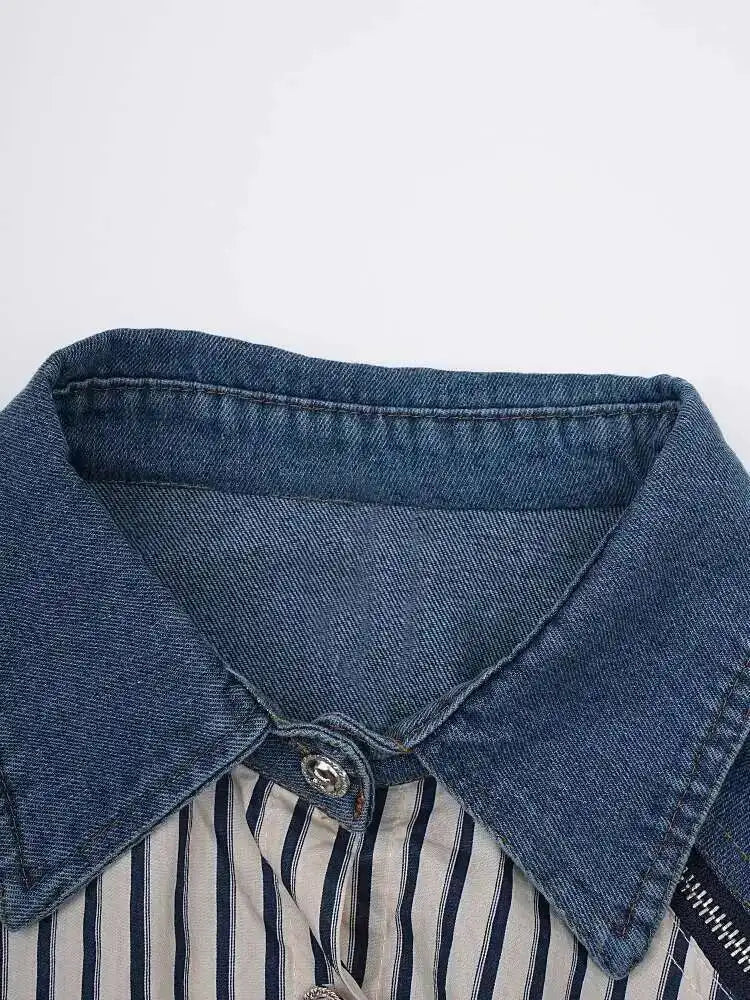 Women Blue Striped Pleated Denim Big Size Blouse New Lapel Long Sleeve Shirt Fashion Tide Spring Autumn 2025 CP3262